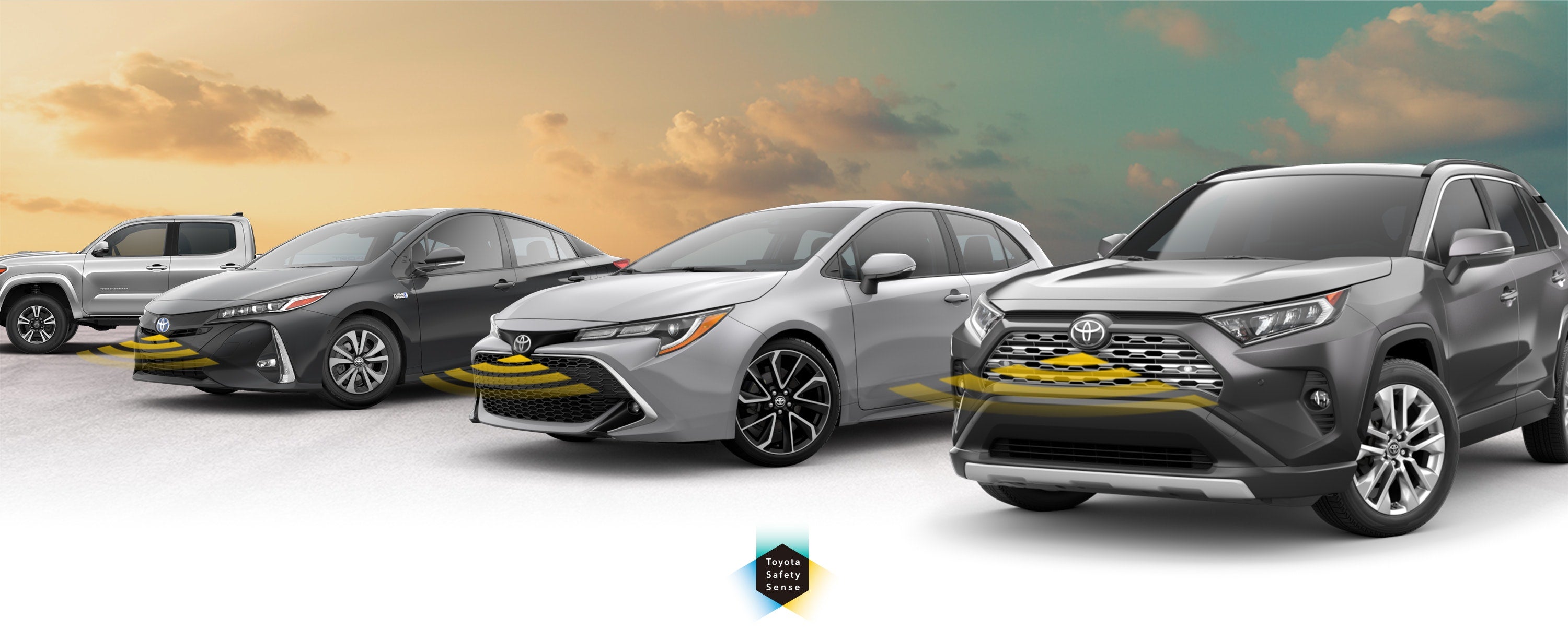 Toyota Safety Sense: Designed for Safety. Options shown on Toyota models including RAV4, Tacoma, and Camry, available now at Waldorf Toyota in Waldorf MD.